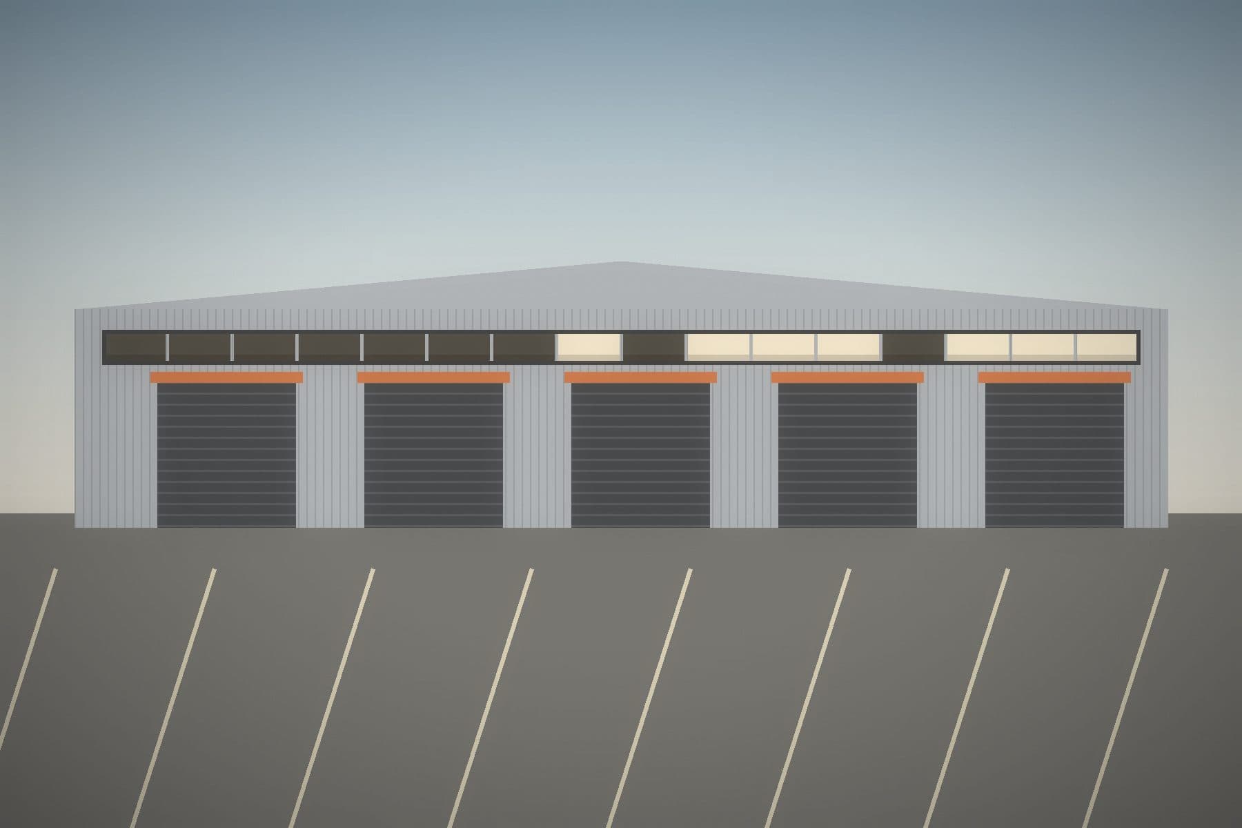 Bedrijfshal met kantoorunit, nabij de haven — illustratieve placeholder 1